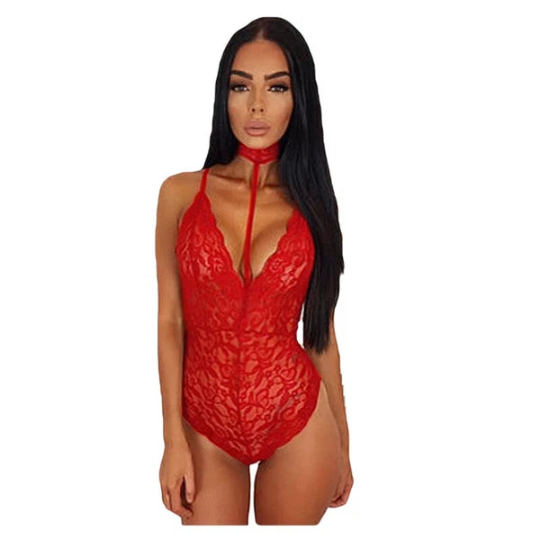 Women's Sheer Mesh Lingerie Bodysuit - Backless Lace Teddy Pajamas Nightwear