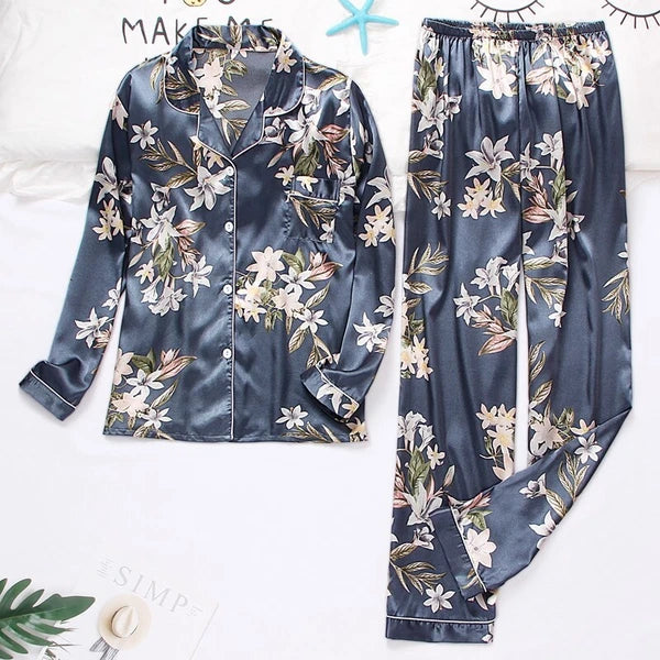 Womens Ladies Satin Nightwear Pyjamas 2Pcs Set Silk PJS Long Sleeve Sleepwear