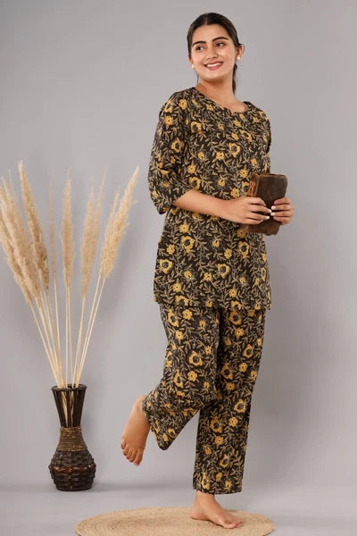New Indian Printed Cotton Top &Pajama Set Ethnic Sleepwear/Lounge Wear/NightSuit