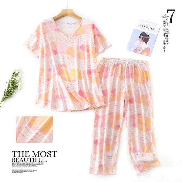 Womens Capri Set Sleepwear Soft Pajamas Sleep Nightshirts Print Comfy Pyjama Set