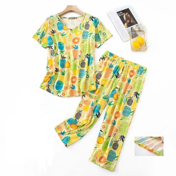 Womens Capri Set Sleepwear Soft Pajamas Sleep Nightshirts Print Comfy Pyjama Set
