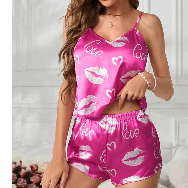 Ladies Women Satin Silk Pyjamas Set Lace Cami Vest Shorts Lingerie Sleepwear Pjs