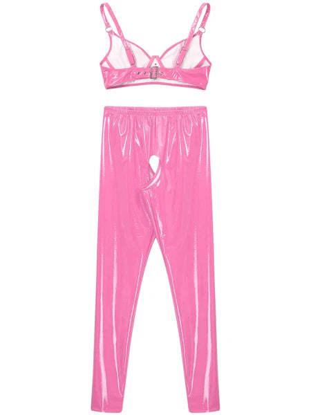 Womens Lingerie Set Crotchless Clubwear Patent Leather Catsuit Wirefree Costume