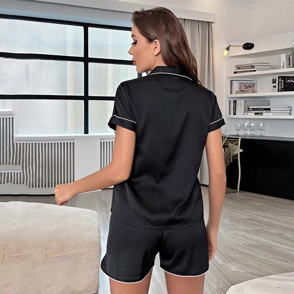 Womens Printed SATIN Short Sleeve Top Pyjamas Set Button Up Ladies Shorts PJ Set