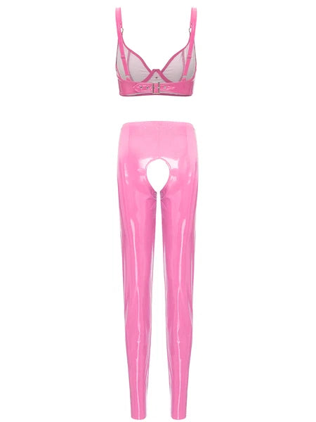 Womens Lingerie Set Crotchless Clubwear Patent Leather Catsuit Wirefree Costume