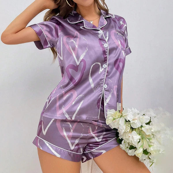 Womens Printed SATIN Short Sleeve Top Pyjamas Set Button Up Ladies Shorts PJ Set