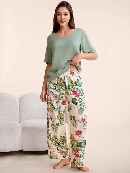 Plus Size S-6XL Viscose Women Pajamas Set Pants Floral Print Casual Sleepwear