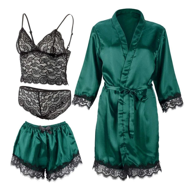 4pcs/set Sexy Women Lingerie Silk Lace Underwear Sleepwear Night Topcoat Pajamas
