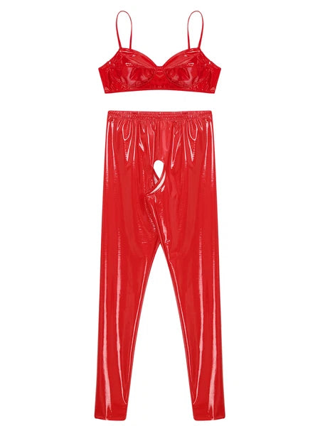 Womens Lingerie Set Crotchless Clubwear Patent Leather Catsuit Wirefree Costume