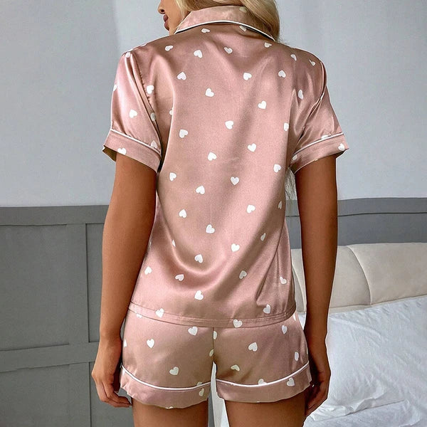 Womens Printed SATIN Short Sleeve Top Pyjamas Set Button Up Ladies Shorts PJ Set