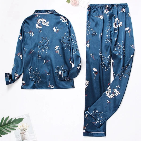 Womens Ladies Satin Nightwear Pyjamas 2Pcs Set Silk PJS Long Sleeve Sleepwear