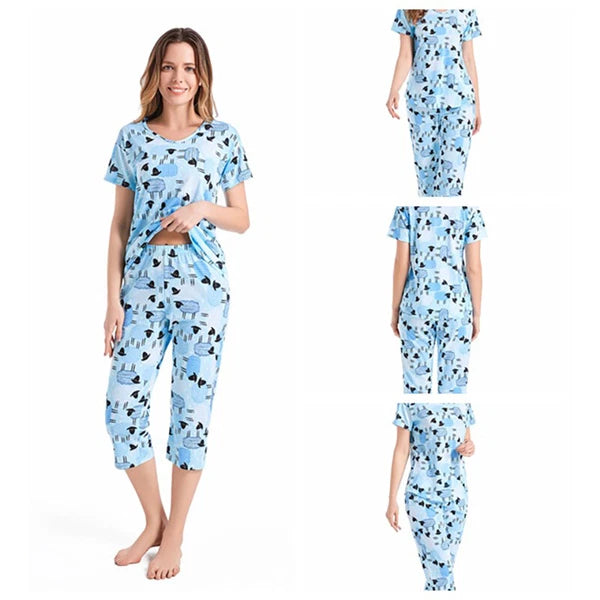 Womens Capri Set Sleepwear Soft Pajamas Sleep Nightshirts Print Comfy Pyjama Set