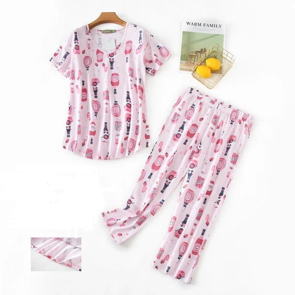 Womens Capri Set Sleepwear Soft Pajamas Sleep Nightshirts Print Comfy Pyjama Set