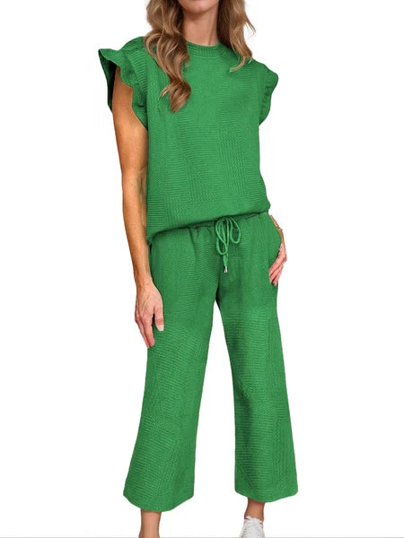 Women Ruffle Sleeve Top and Loose Cropped Pants Set