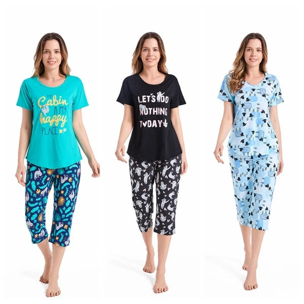 Womens Capri Set Sleepwear Soft Pajamas Sleep Nightshirts Print Comfy Pyjama Set