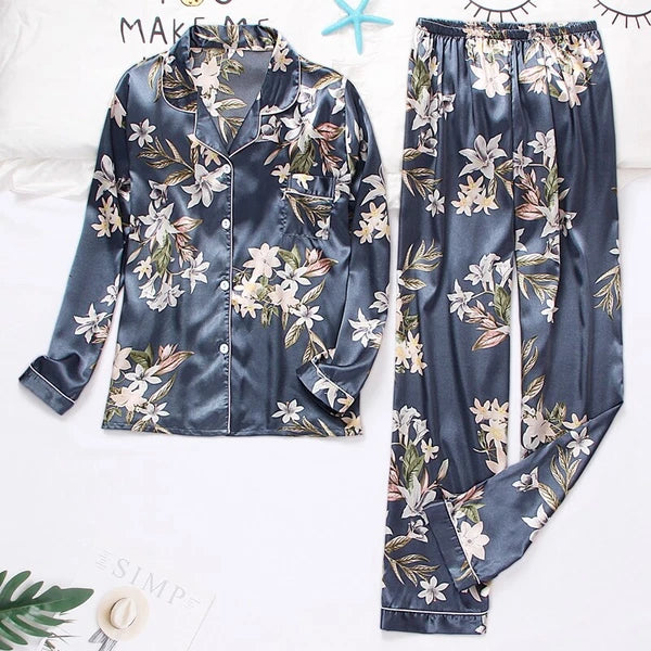 Womens Ladies Satin Nightwear Pyjamas 2Pcs Set Silk PJS Long Sleeve Sleepwear