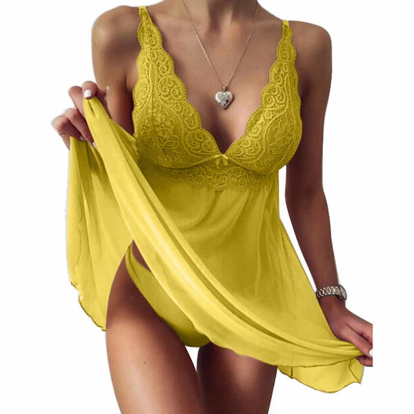 Women Lace Sleepwear Strap Floral Panties Lingerie Pajamas V Neck Babydoll Dress