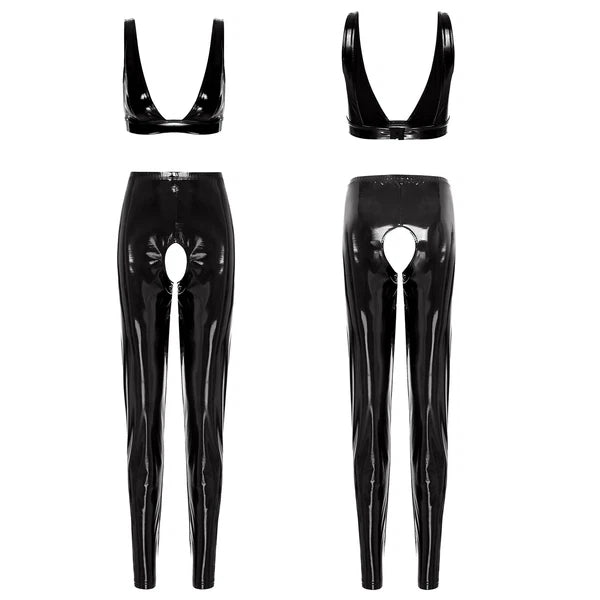 Womens Lingerie Set Crotchless Clubwear Patent Leather Catsuit Wirefree Costume